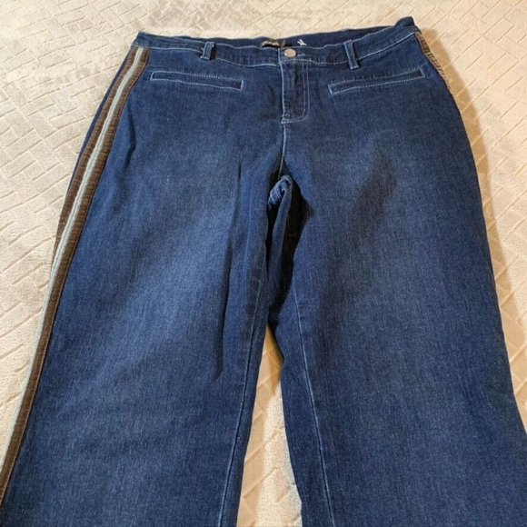J Mclaughlin Womens 10 Jeans Blue Trouser Boot Cut Tuxedo Stripe Dark Wash - Picture 1 of 12